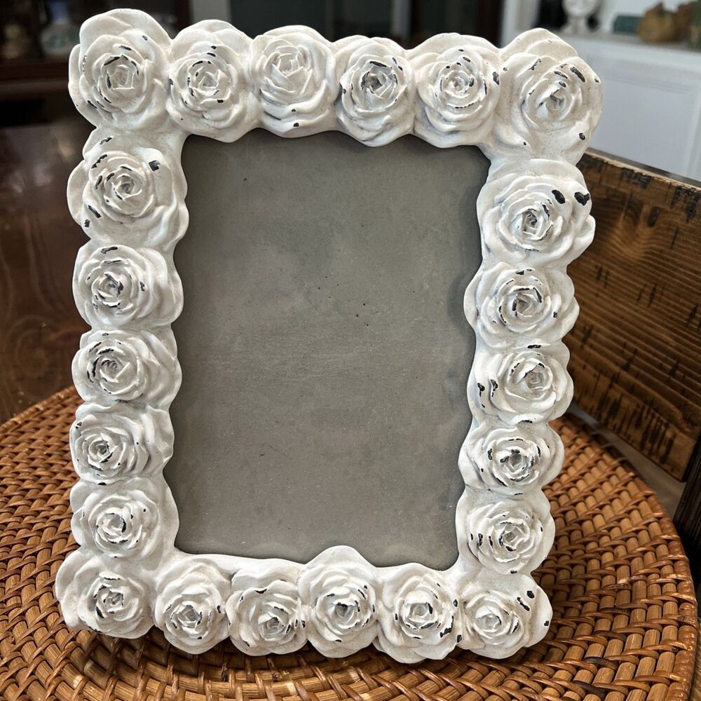 Concepts in Time White Distressed Roses Picture Frame 5 X 7 Shabby Chic